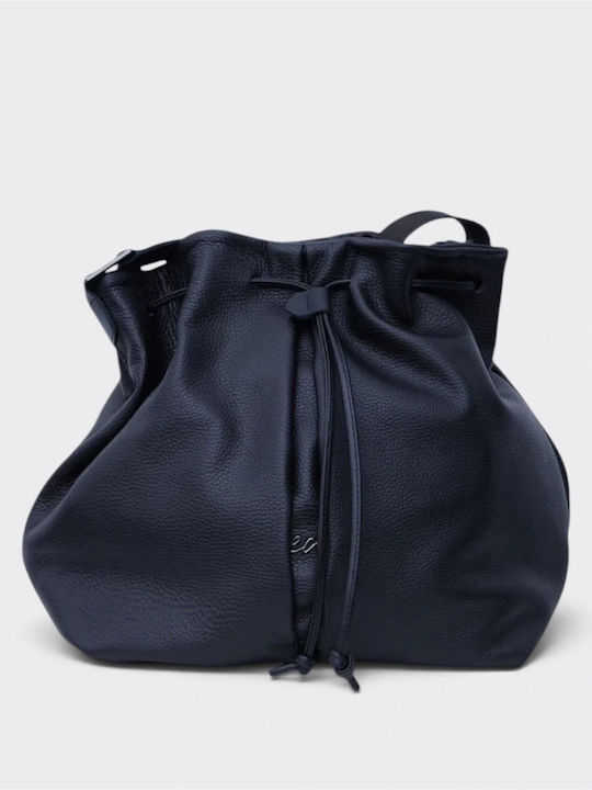 Baggy Black Leather Women's Drawstring Bag