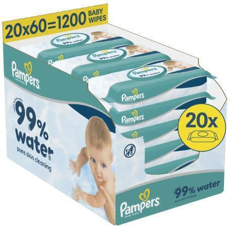 99% Water Baby Wipes with 99% Water, Alcohol-Free & Paraben-Free 20x60 Pieces