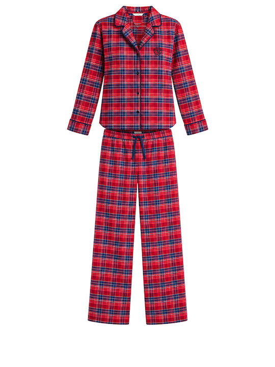 Tommy Hilfiger Winter Women's Cotton Pyjama Set Red-Blue