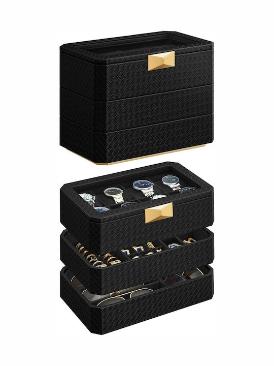 Songmics Home Ronne Collection 3-stufige stapelbare Uhrenbox mit 8 Fächern, geprägtem PU-Leder in Flechtoptik und schwebendem Effekt, Weihnachtsgeschenk, Oberfläche in Tiefschwarz, Innenfutter in Tiefschwarz Ujwb021b01 Songmics Home Ronne Collection 3-stufige stapelbare Uhrenbox mit 8 Fächern, geprägtem PU-Leder in Flechtoptik und schwebendem Effekt, Weihnachtsgeschenk, Oberfläche in Tiefschwarz, Innenfutter in Tiefschwarz Ujwb021b01